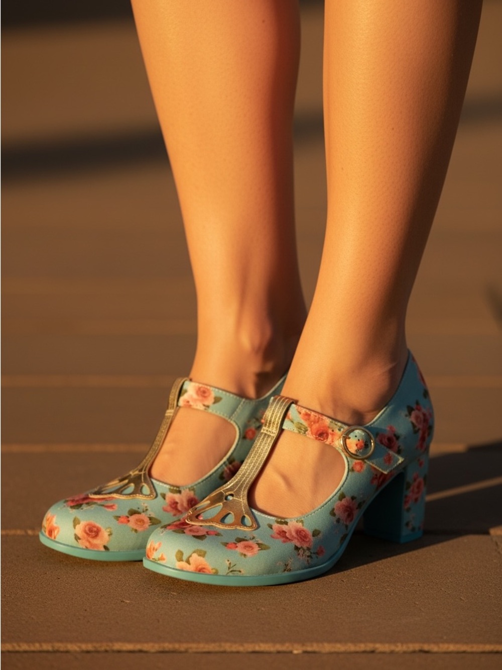 Chocolaticas Emma High Heel by Chocolate Design blue and pink floral gold tstarp